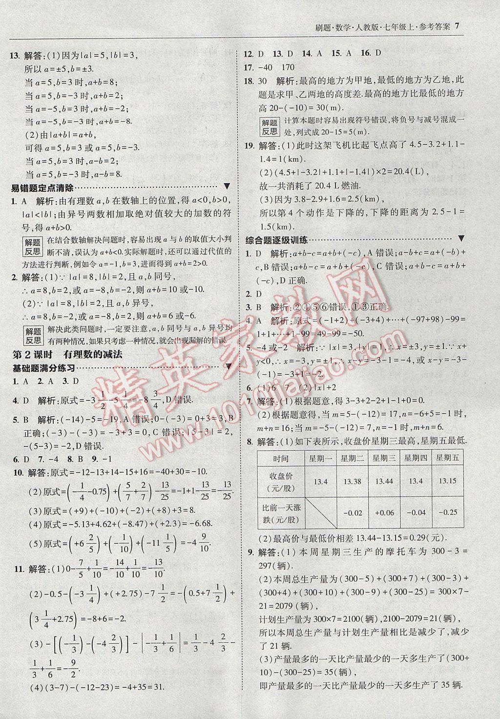 2017年北大綠卡刷題七年級(jí)數(shù)學(xué)上冊(cè)人教版 參考答案第6頁(yè)