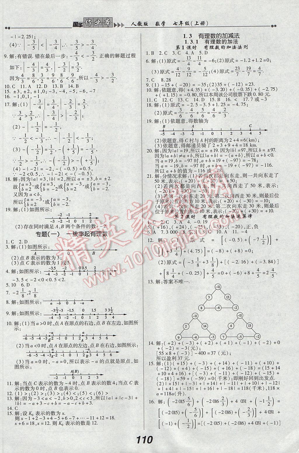 2017年國華作業(yè)本七年級數(shù)學上冊人教版 參考答案第2頁