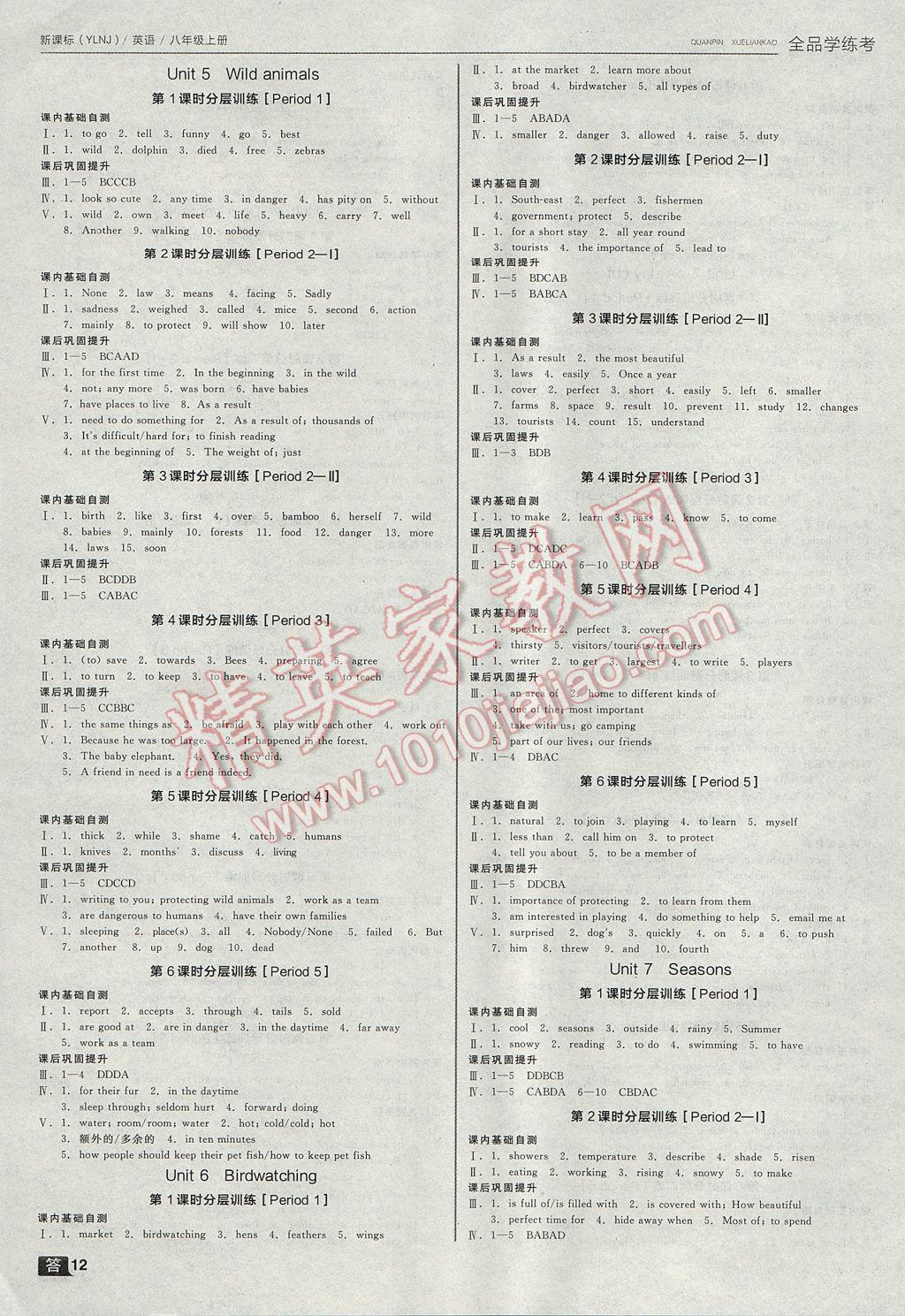 2017年全品學練考八年級英語上冊譯林牛津版 參考答案第12頁