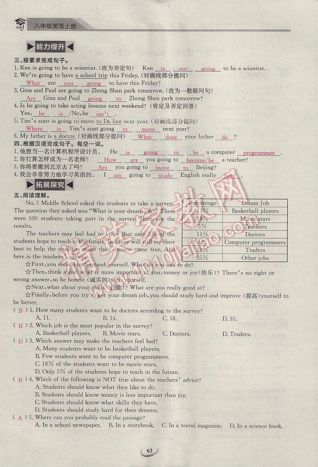 2017年思維新觀察課前課后八年級(jí)英語(yǔ)上冊(cè) Unit 6 I'm going to study computer science第63頁(yè)