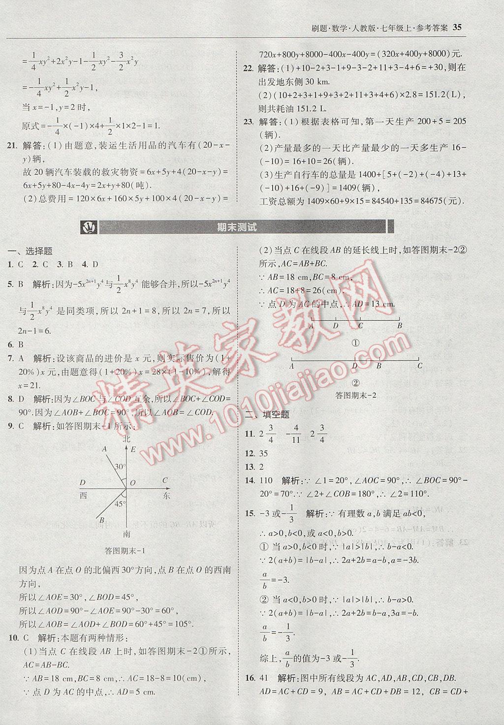 2017年北大綠卡刷題七年級(jí)數(shù)學(xué)上冊(cè)人教版 參考答案第34頁(yè)