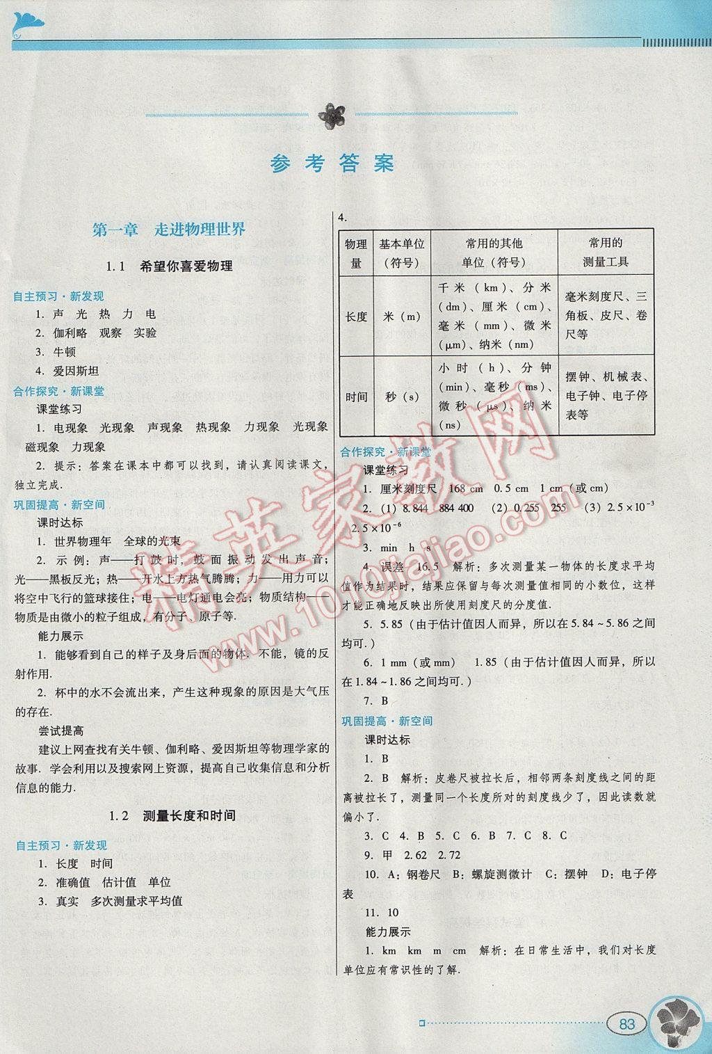 2017年南方新课堂金牌学案八年级物理上册粤沪版 参考答案第1页