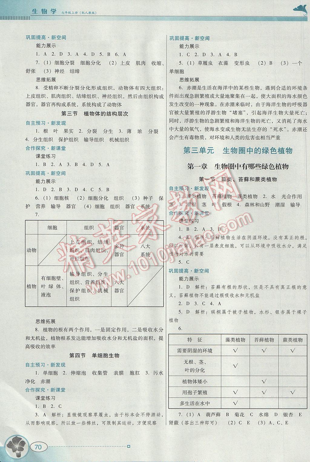 2017年南方新课堂金牌学案七年级生物学上册人教版 参考答案第4页