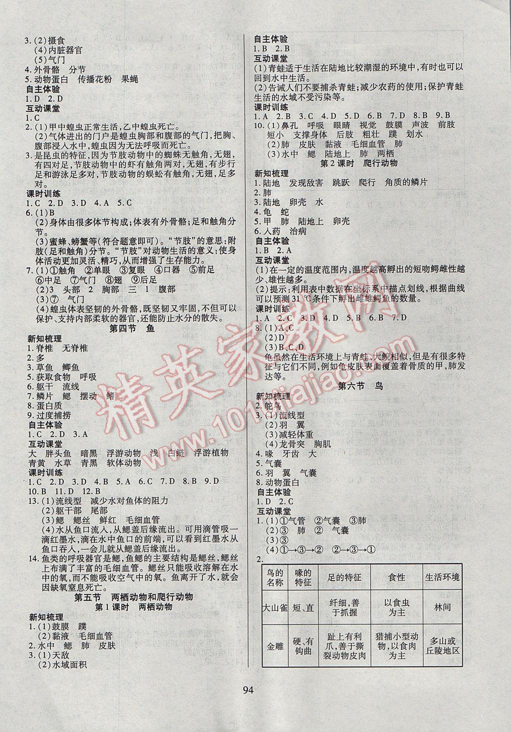 2017年有效课堂课时导学案八年级生物上册 参考答案第2页