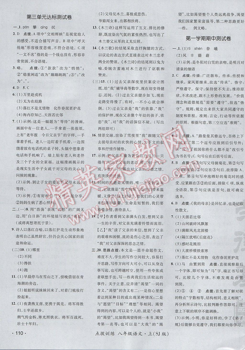 2017年點撥訓(xùn)練八年級語文上冊蘇教版 參考答案第3頁