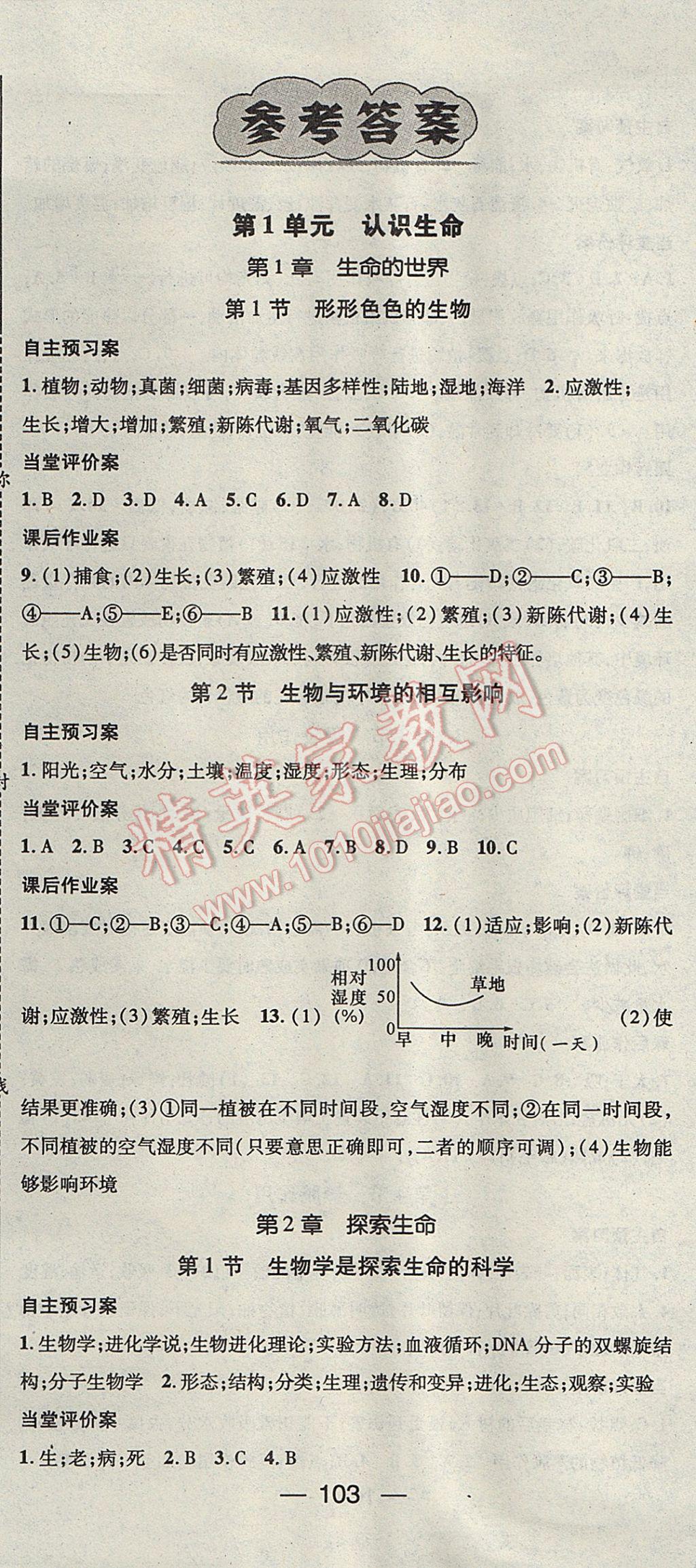 2017年名師測控七年級生物上冊北師大版 參考答案第1頁