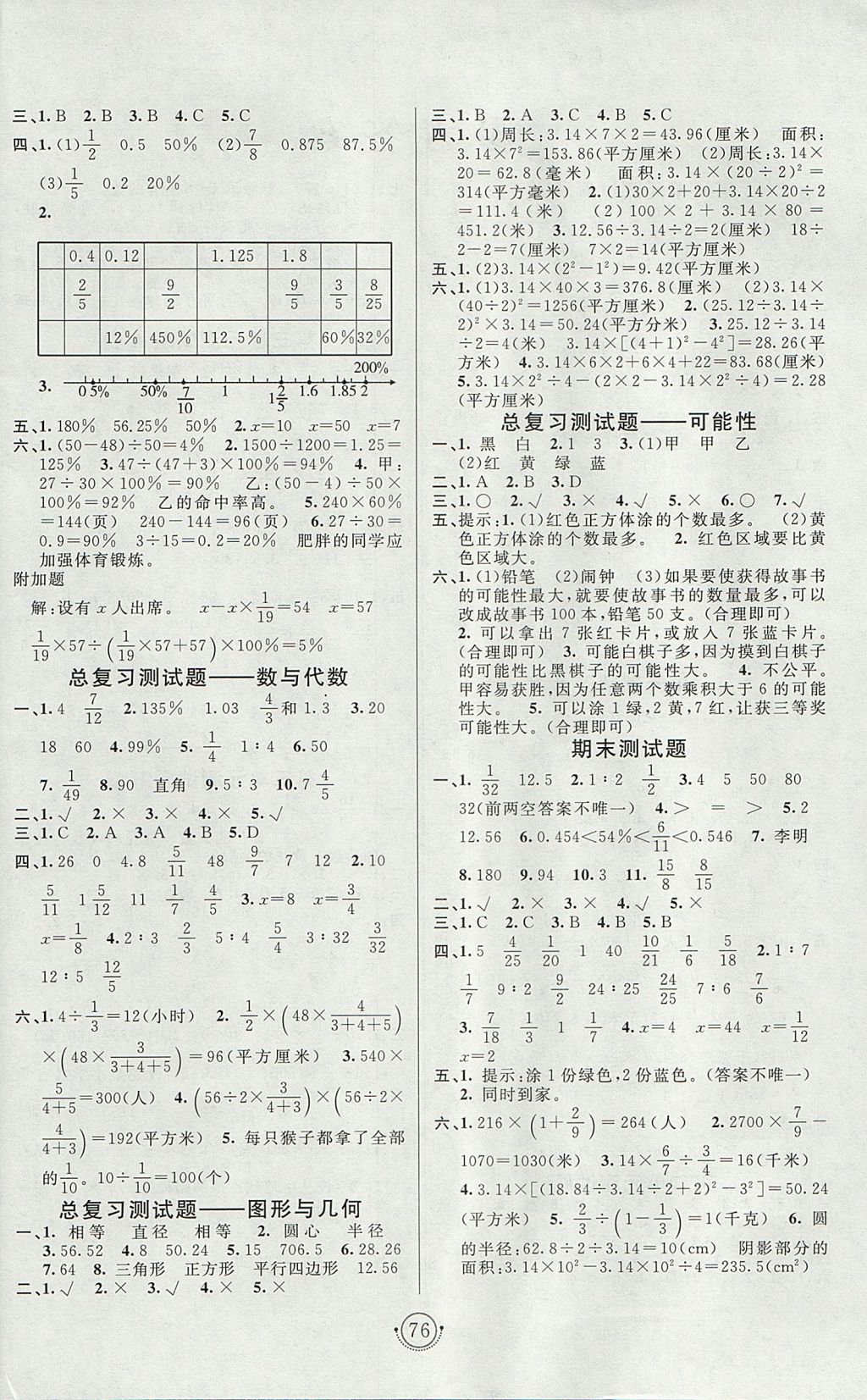 2017年海淀單元測試AB卷六年級數(shù)學上冊青島版 參考答案第4頁