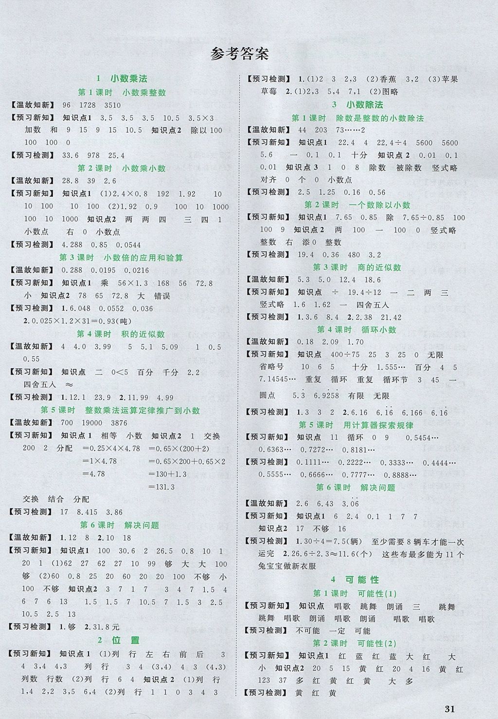 2017年阳光同学课时优化作业五年级数学上册人教版 预习单答案第9页