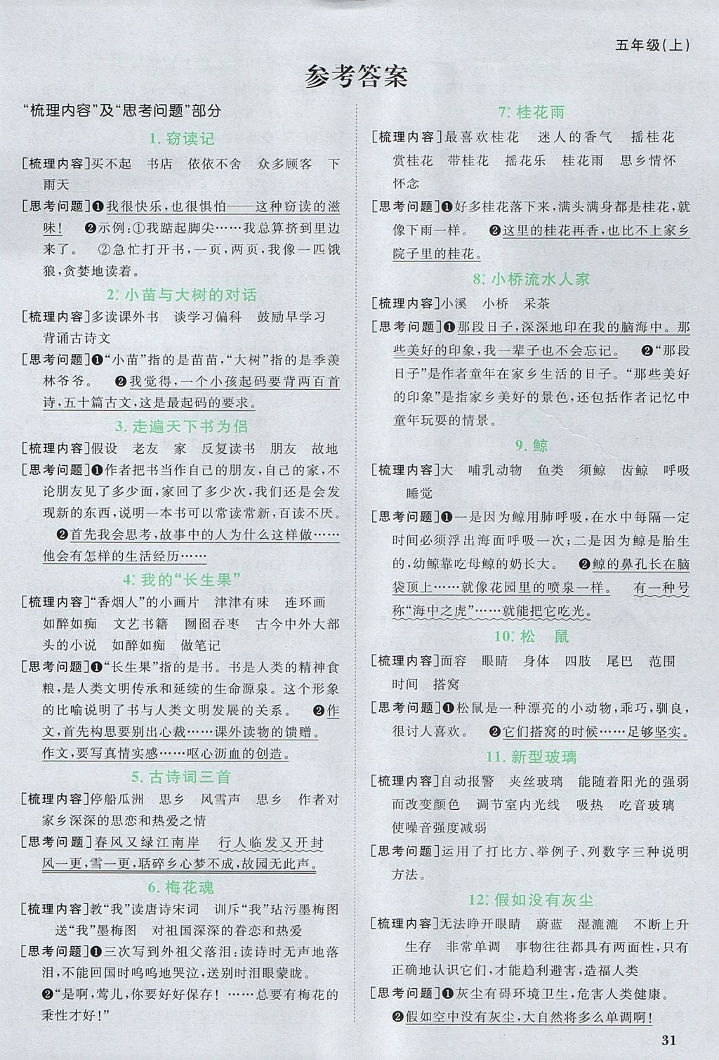 2017年阳光同学课时优化作业五年级语文上册人教版 预习单答案第9页