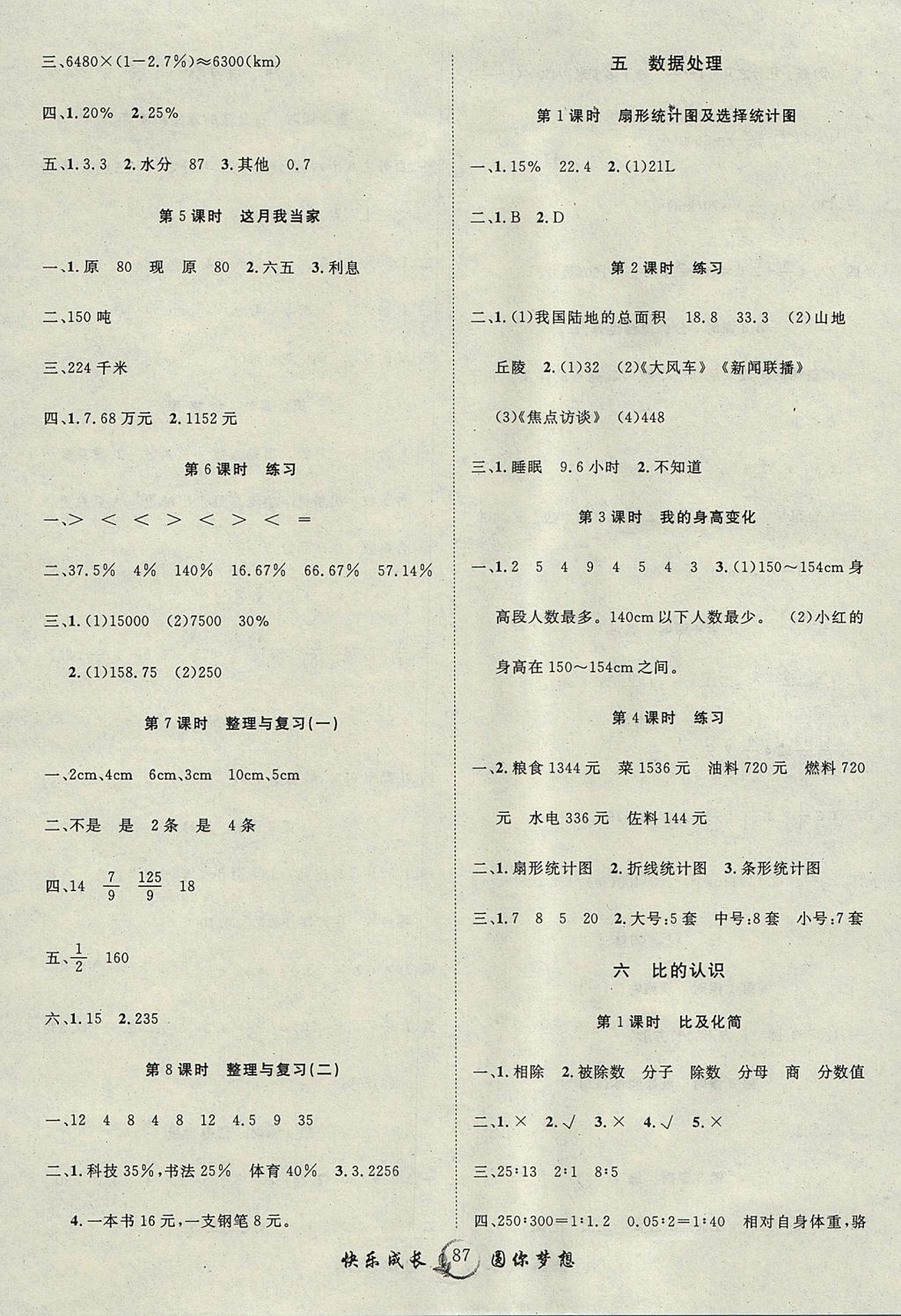 2017年優(yōu)質(zhì)課堂快樂(lè)成長(zhǎng)六年級(jí)數(shù)學(xué)上冊(cè)北師大版 參考答案第3頁(yè)