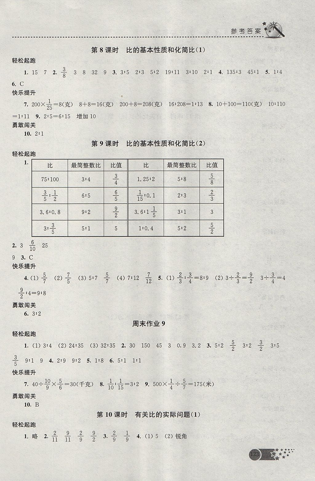 2017年名师点拨课时作业本六年级数学上册江苏版 参考答案第10页