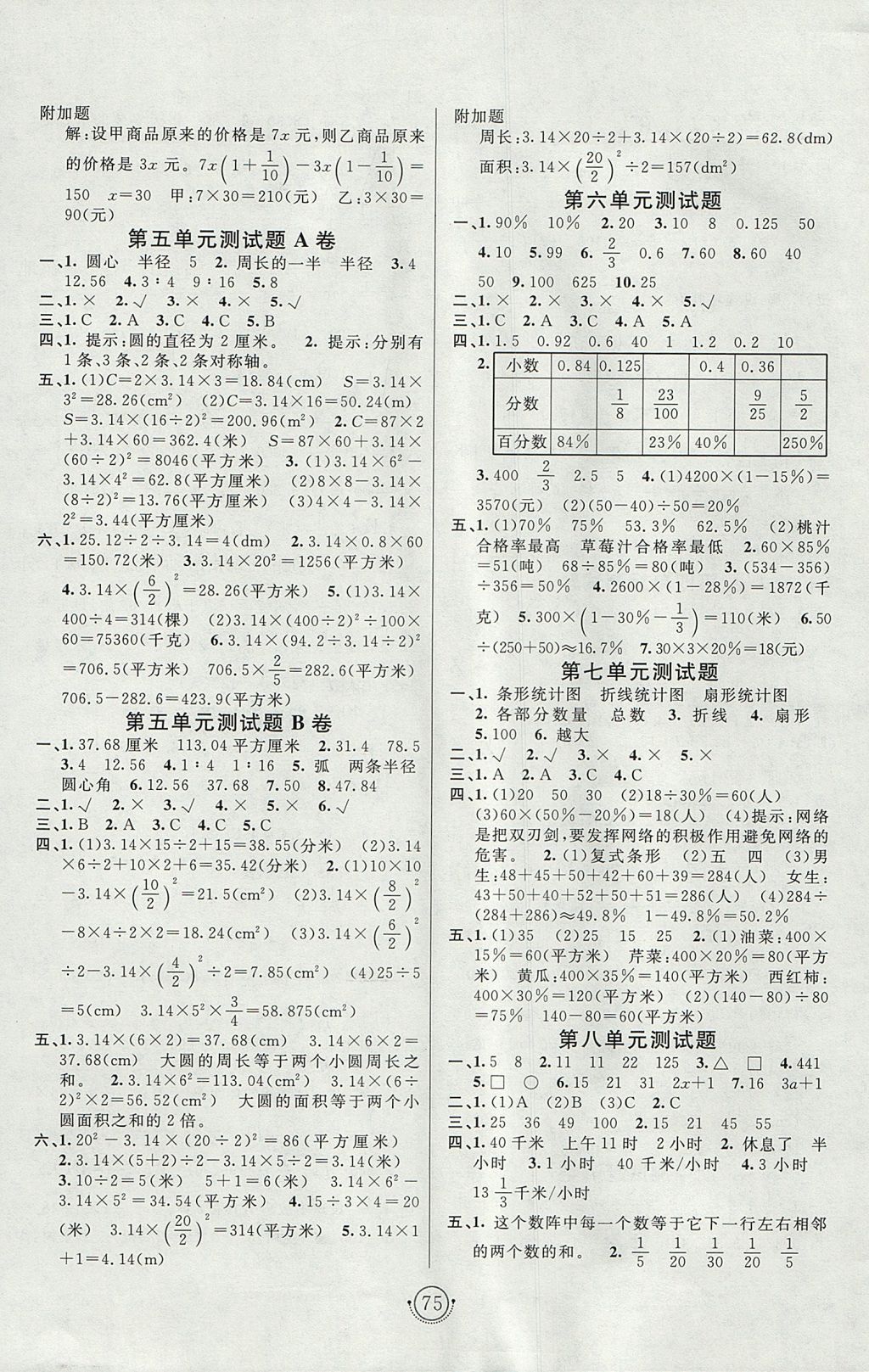 2017年海淀單元測試AB卷六年級數(shù)學(xué)上冊人教版 參考答案第3頁