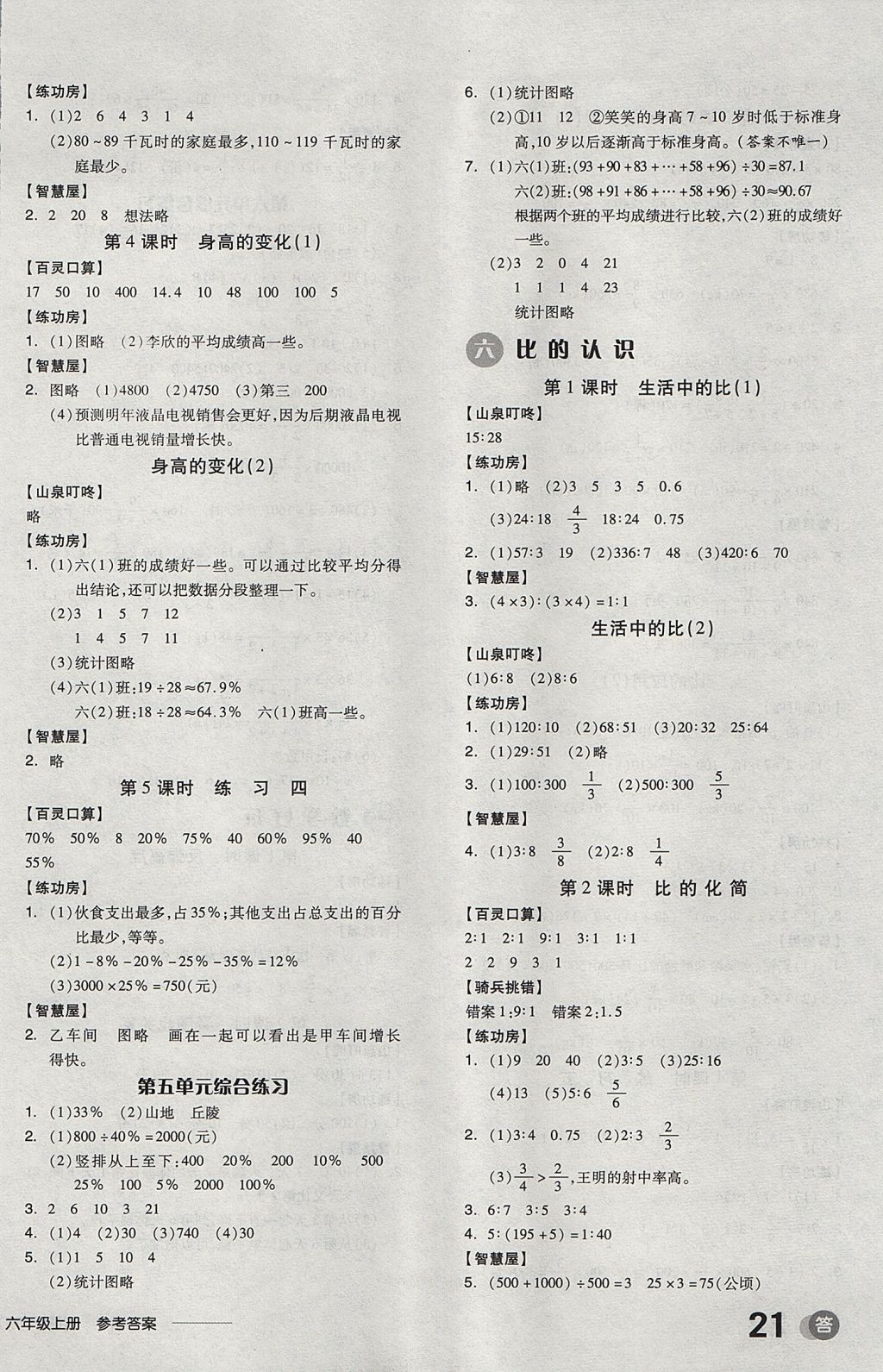 2017年全品學練考六年級數(shù)學上冊北師大版 參考答案第6頁