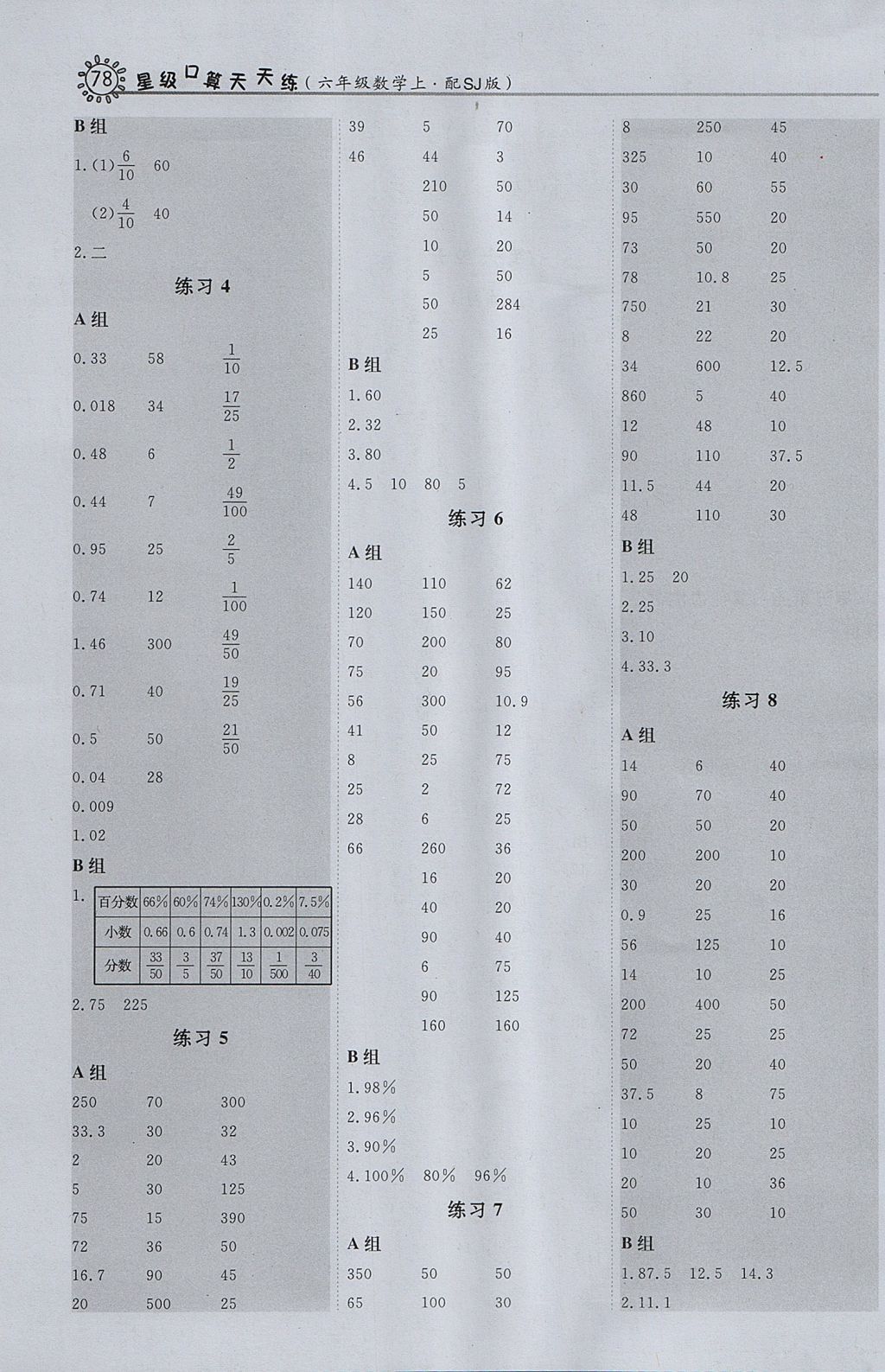 2017年星級口算天天練六年級數學上冊蘇教版 參考答案第10頁