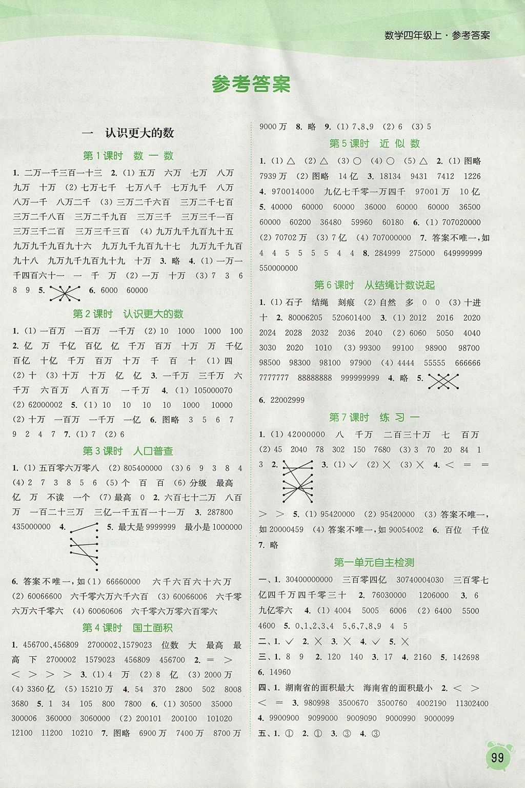 2017年通城学典课时作业本四年级数学上册北师大版 参考答案第1页