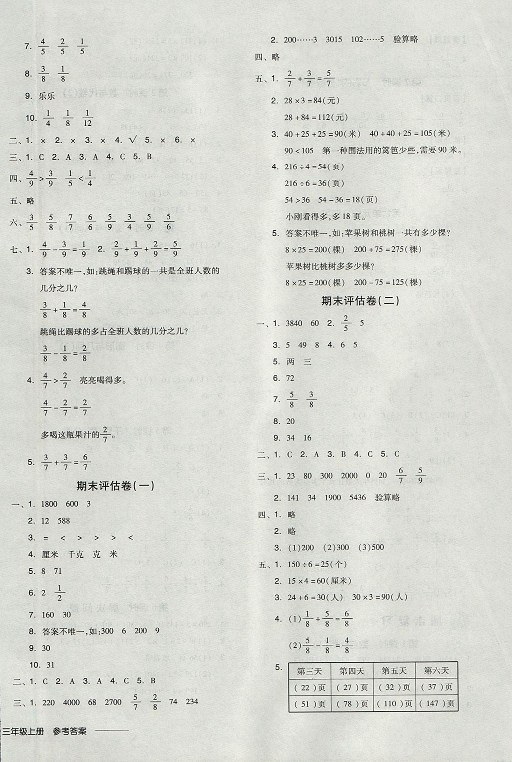 2017年全品学练考三年级数学上册苏教版 参考答案第12页