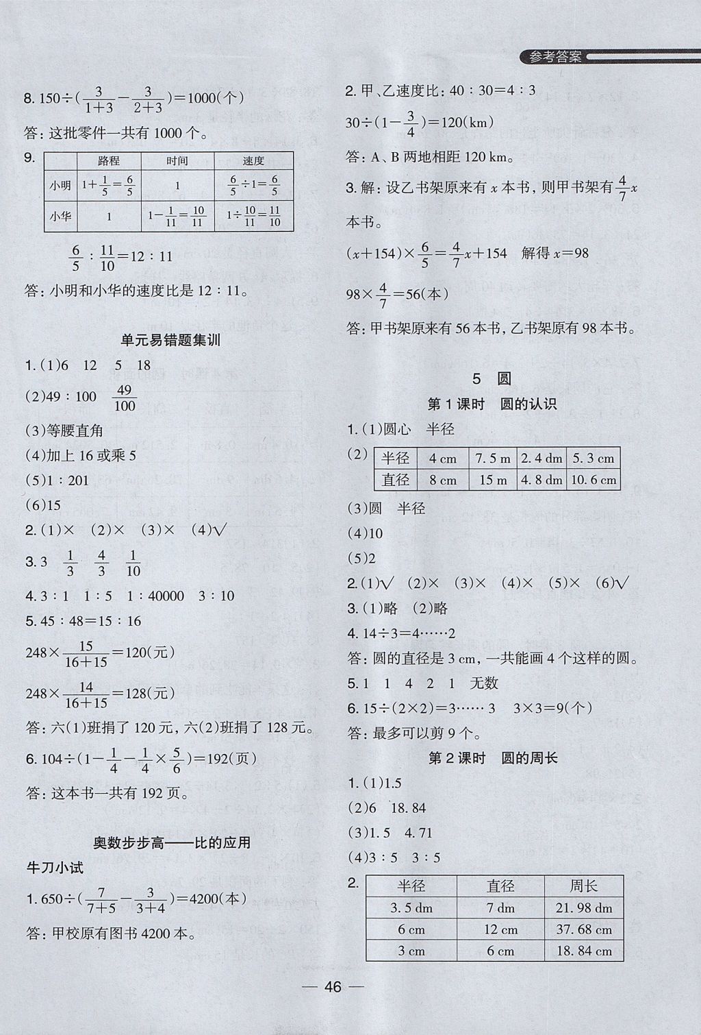 2017年木頭馬分層課課練小學(xué)數(shù)學(xué)六年級上冊人教版 參考答案第14頁