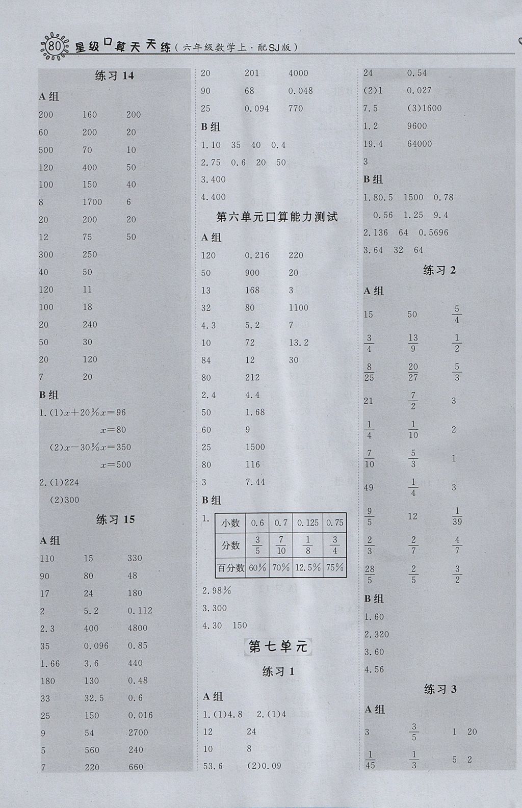 2017年星級口算天天練六年級數學上冊蘇教版 參考答案第12頁