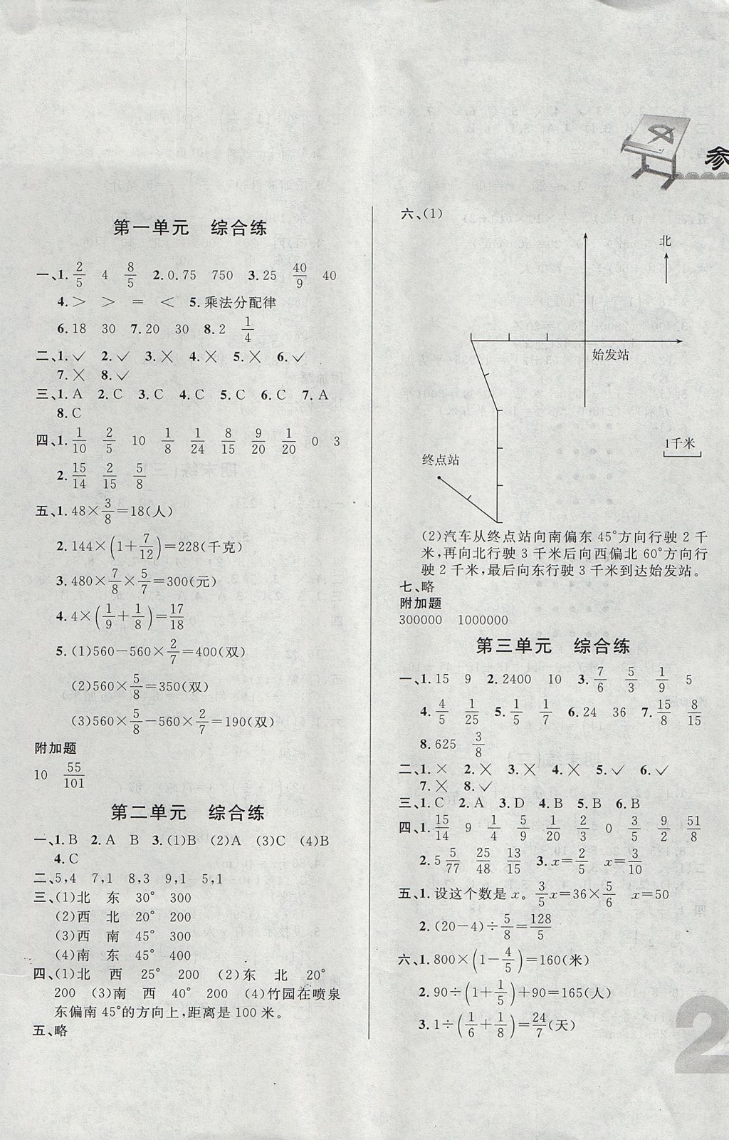 2017年悅?cè)缓脤W(xué)生單元練六年級數(shù)學(xué)上冊人教版 參考答案第5頁