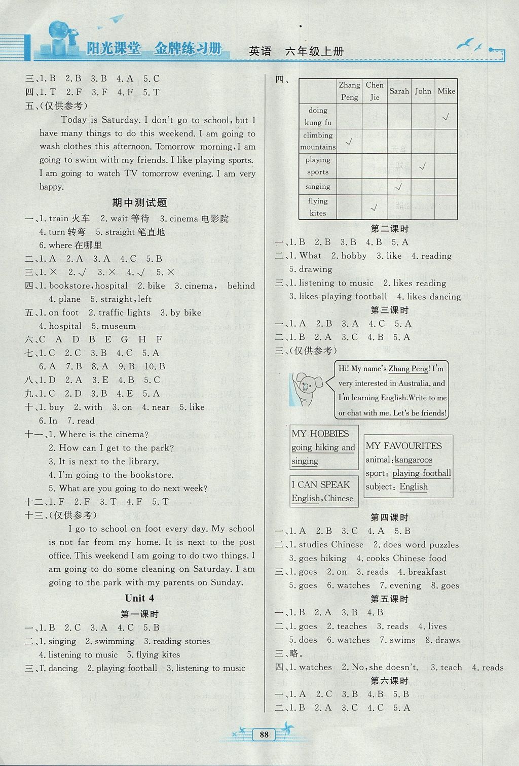 2017年陽光課堂金牌練習(xí)冊六年級英語上冊人教版 參考答案第7頁