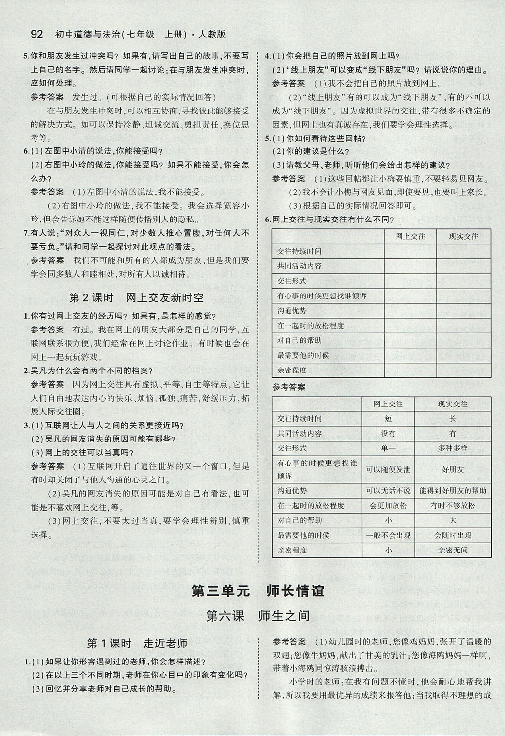 课本人教版七年级道德与法治上册 参考答案第6页