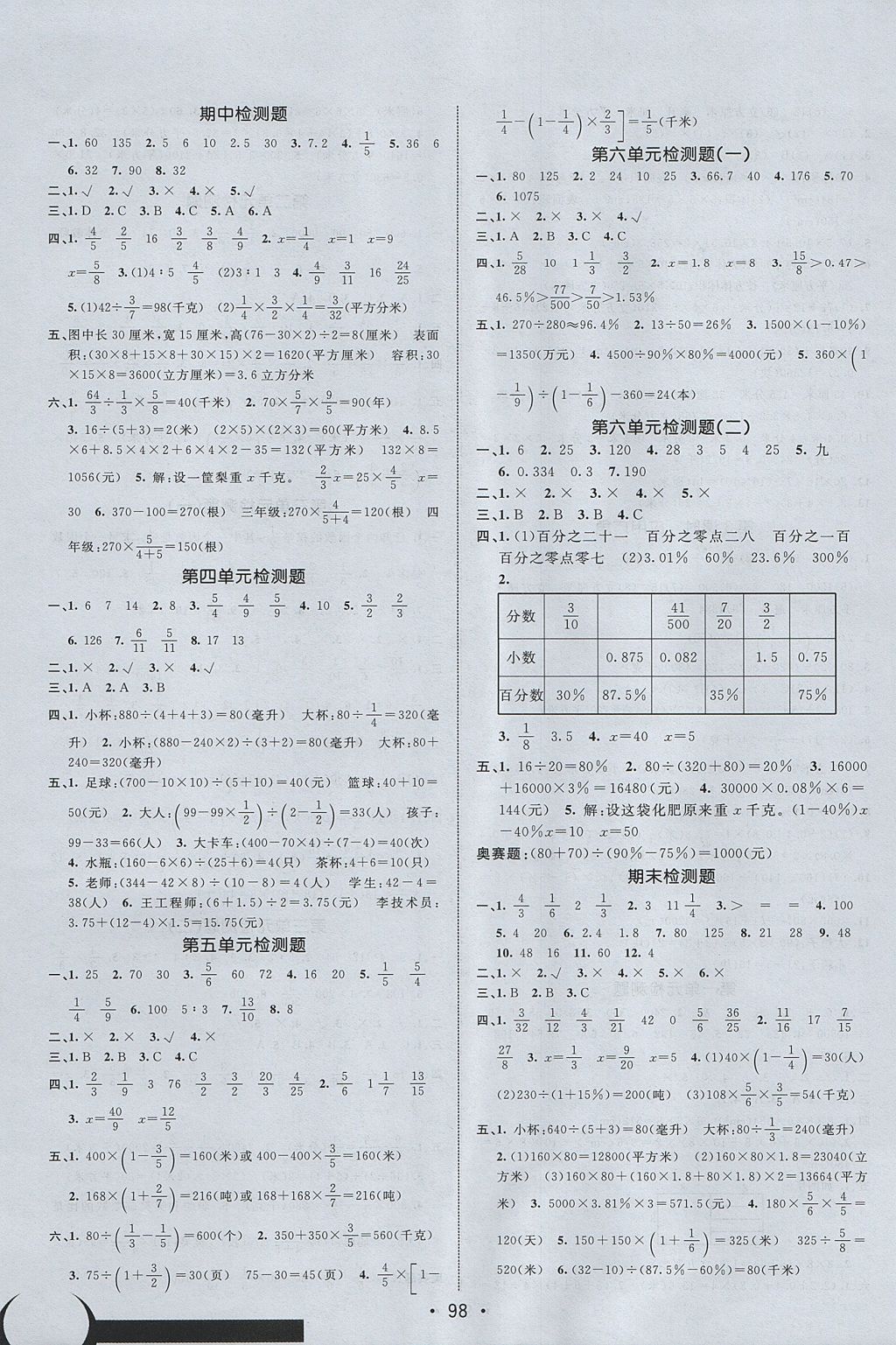 2017年同行課課100分過關(guān)作業(yè)六年級數(shù)學(xué)上冊蘇教版 參考答案第8頁