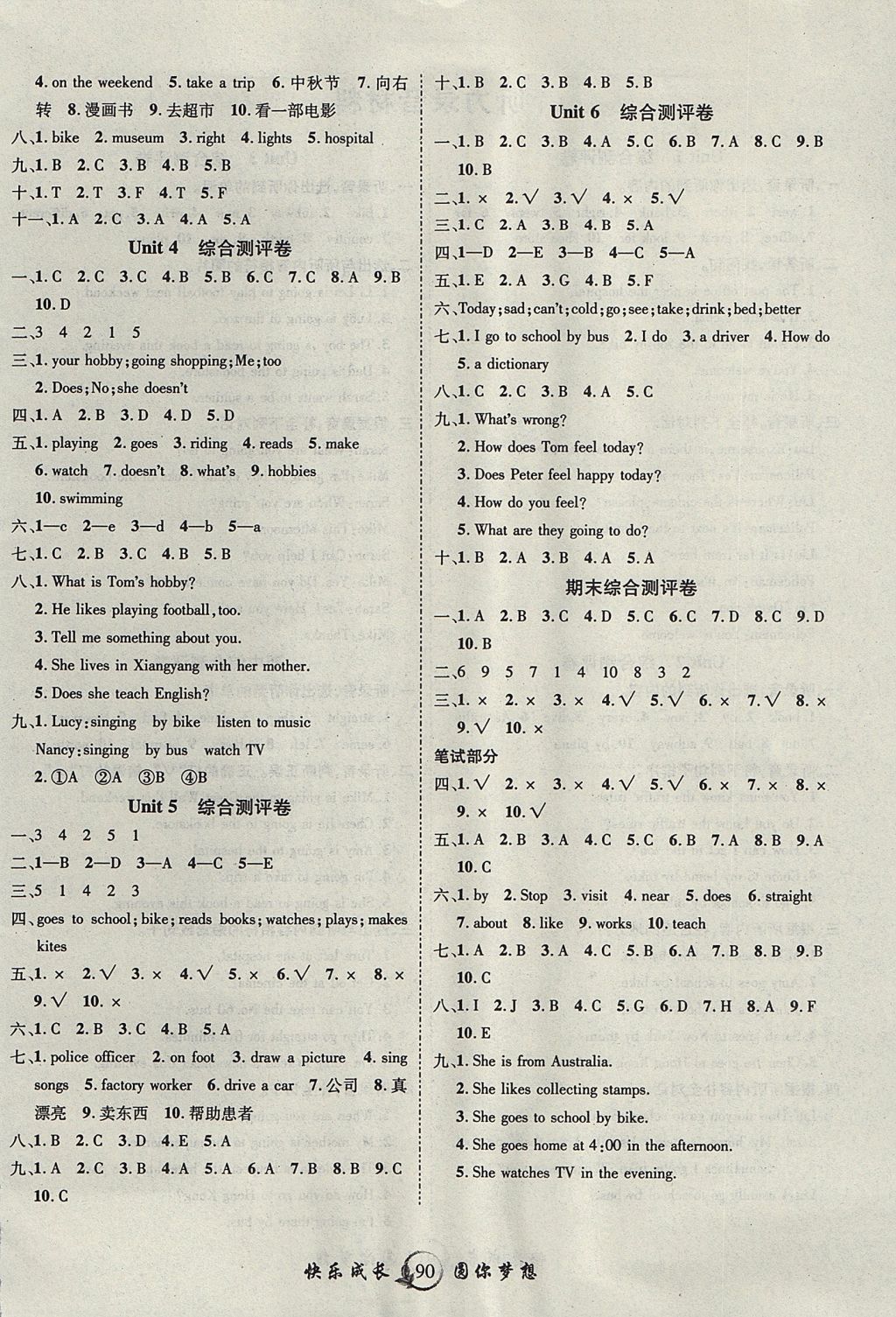 2017年優(yōu)質(zhì)課堂快樂成長(zhǎng)六年級(jí)英語(yǔ)上冊(cè)人教PEP版 參考答案第6頁(yè)