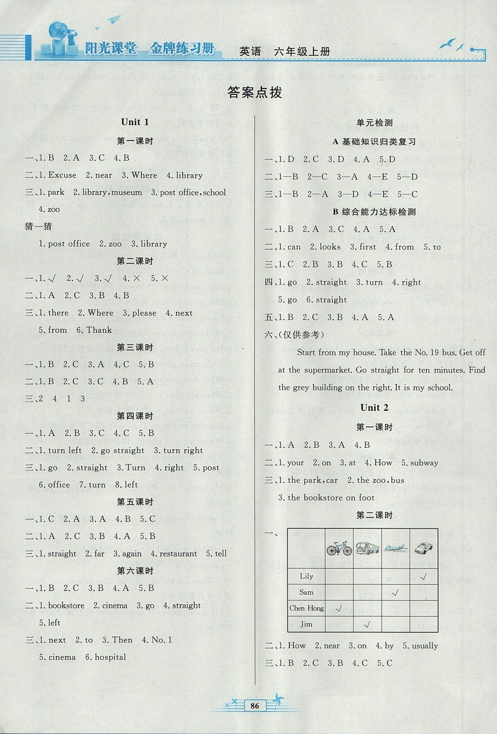 2017年阳光课堂金牌练习册六年级英语上册人教版 参考答案第5页