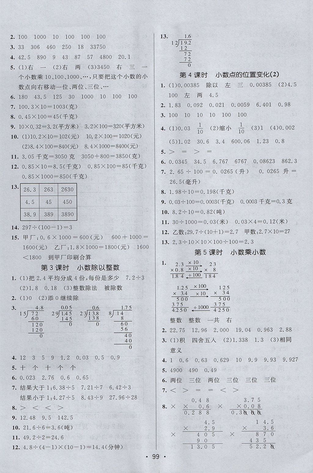 2017年同行课课100分过关作业五年级数学上册苏教版 参考答案第5页