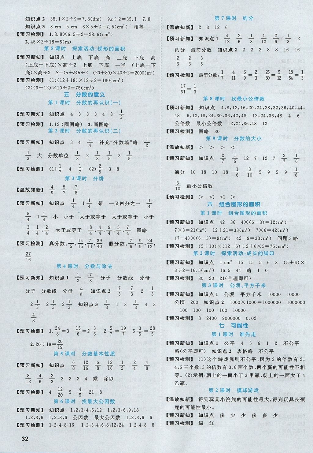 2017年阳光同学课时优化作业五年级数学上册北师大版 预习单答案第12页