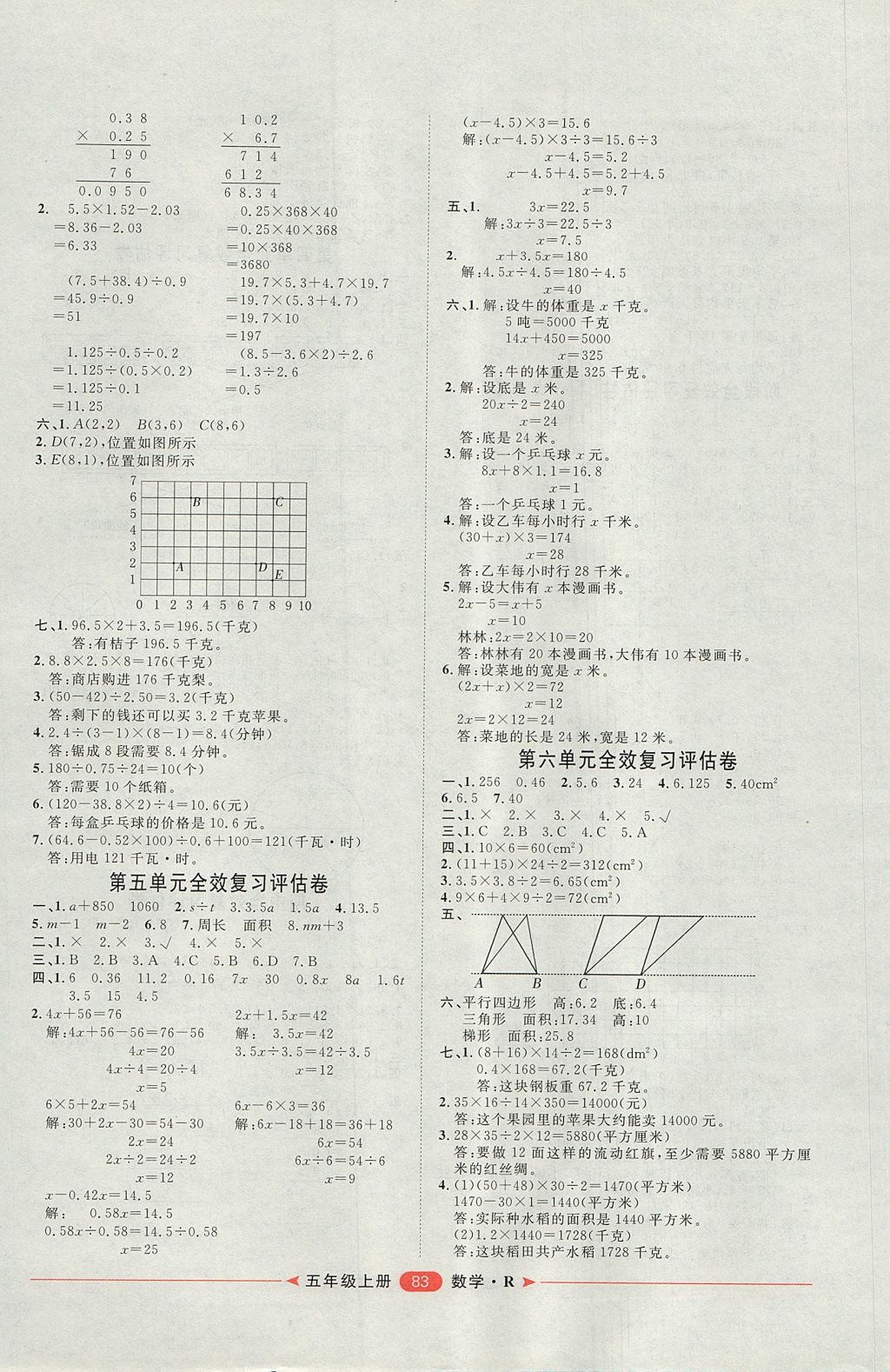 2017年陽光計劃第二步單元期末復習與評價五年級數學上冊人教版 參考答案第3頁