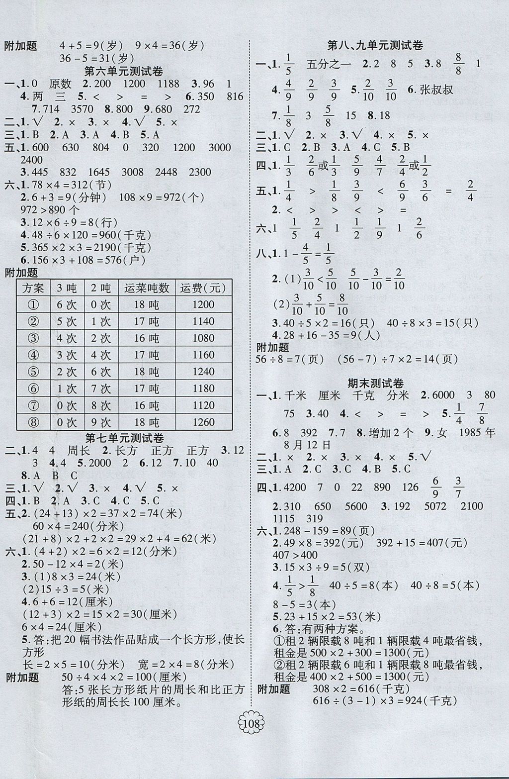 2017年暢優(yōu)新課堂三年級數(shù)學(xué)上冊人教版 參考答案第8頁