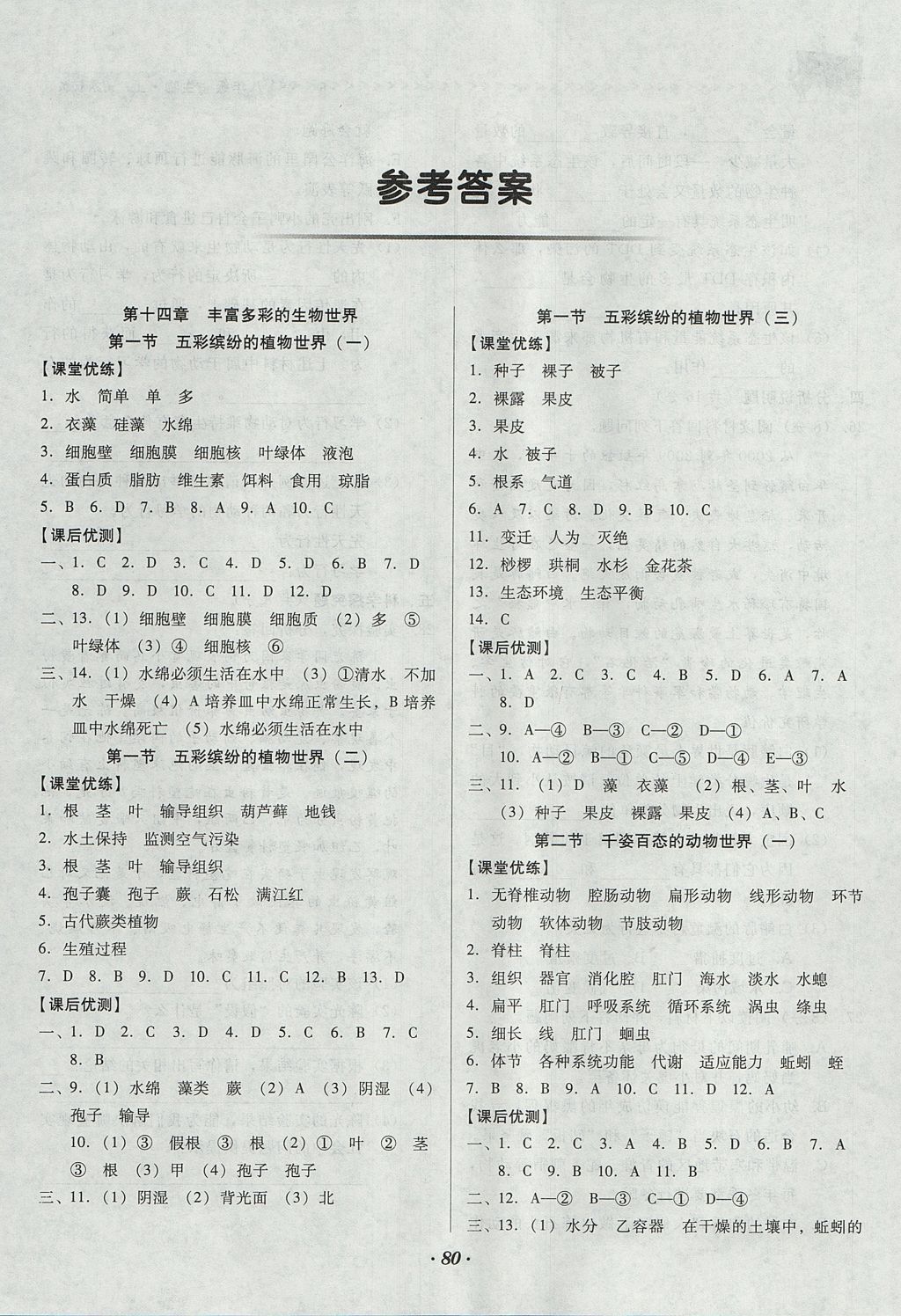 2017年全优点练课计划八年级生物上册苏教版 参考答案第1页