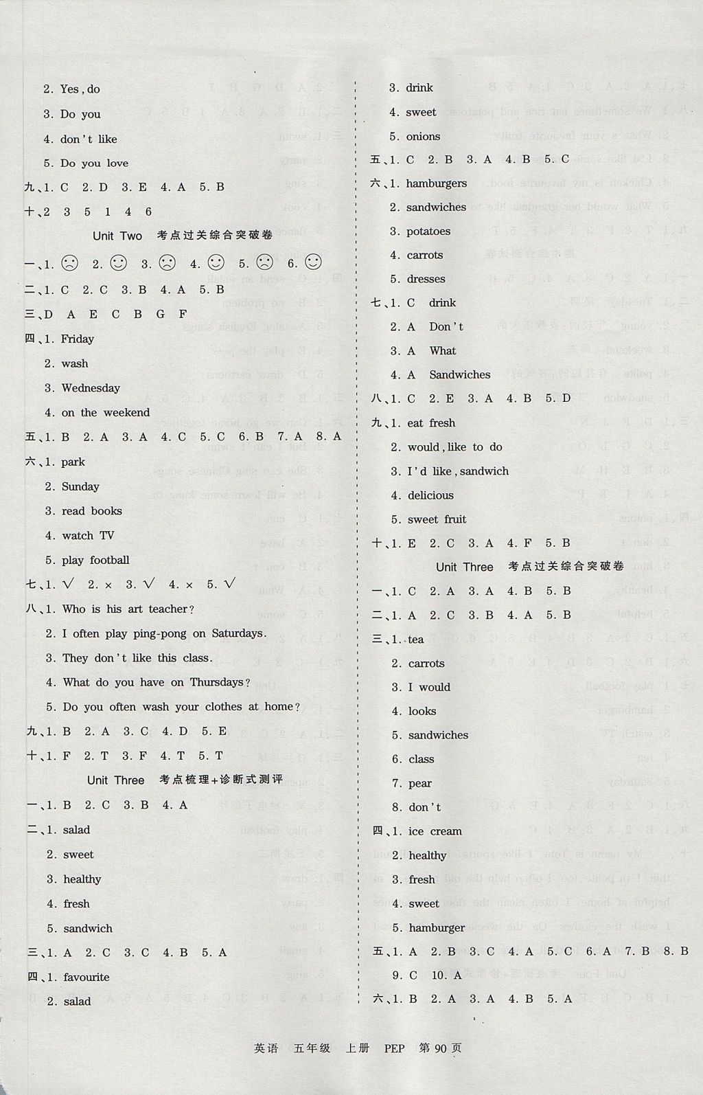 2017年王朝霞考點梳理時習(xí)卷五年級英語上冊人教PEP版 參考答案第2頁