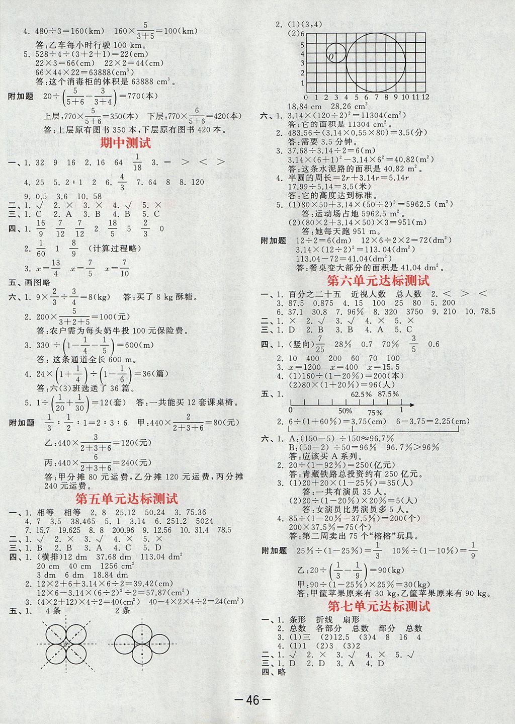 2017年53天天练小学数学六年级上册人教版 达标测试卷答案第50页