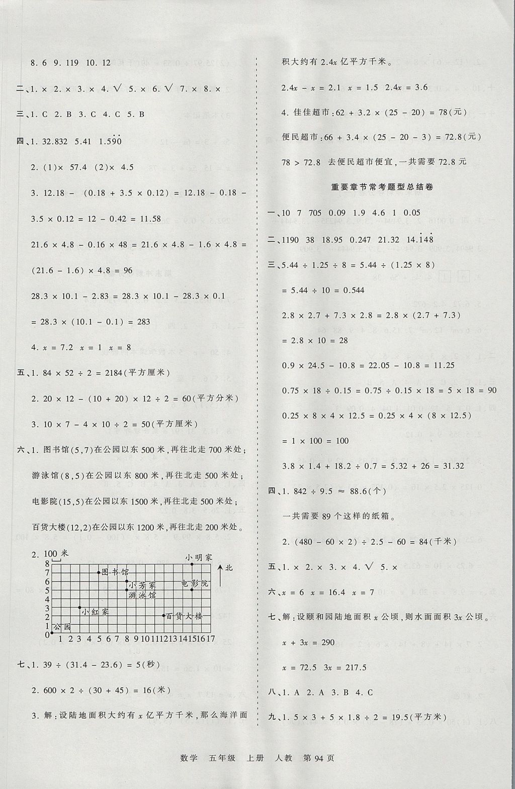 2017年王朝霞考点梳理时习卷五年级数学上册人教版 参考答案第10页