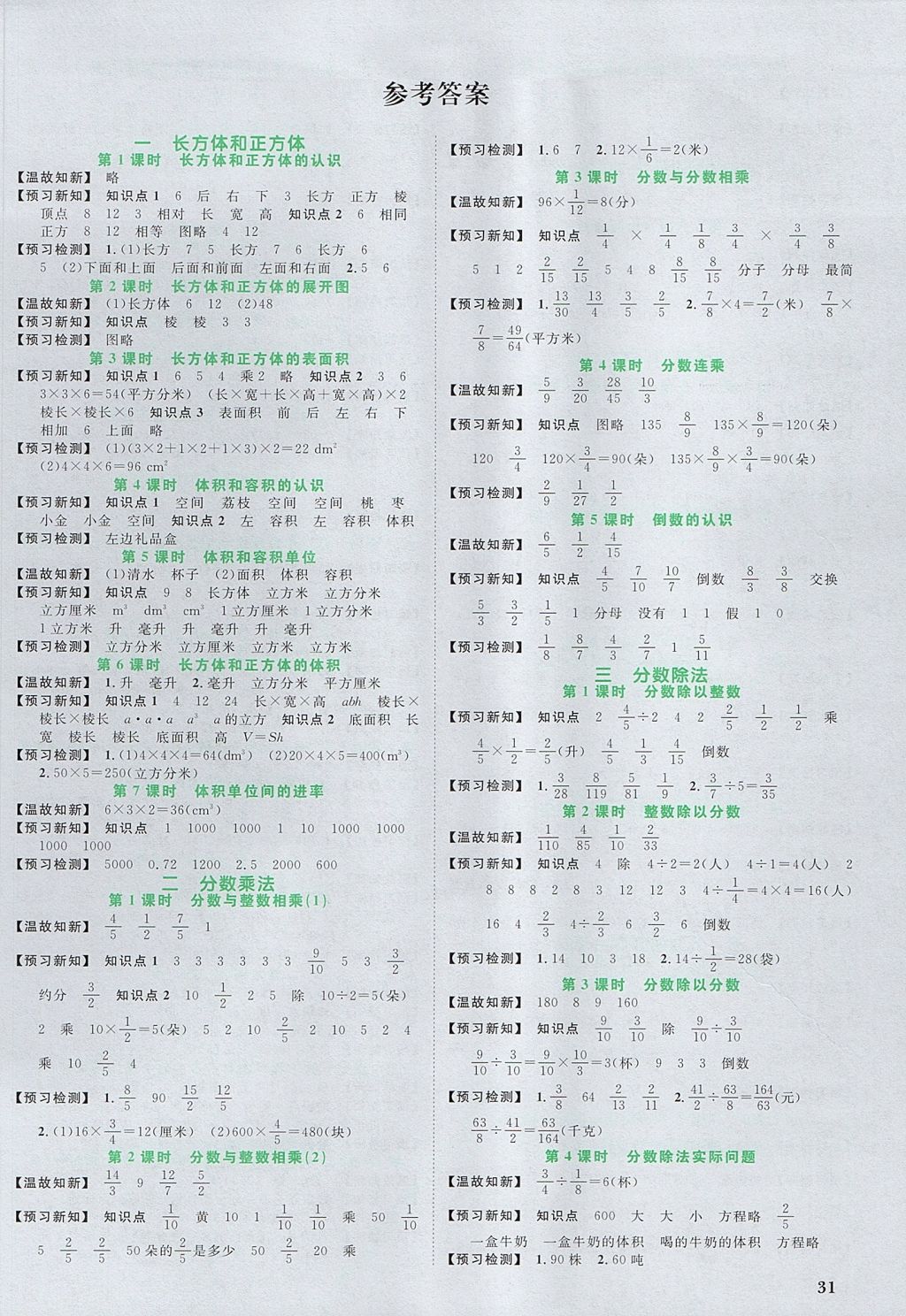 2017年阳光同学课时优化作业六年级数学上册苏教版 预习单答案第11页