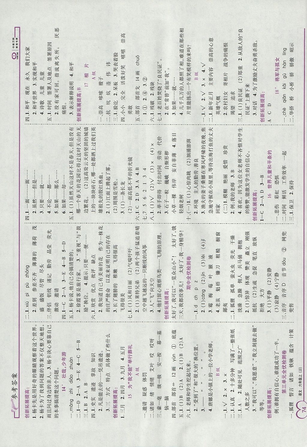 2017年全優(yōu)備考六年級語文上冊冀教版 參考答案第4頁