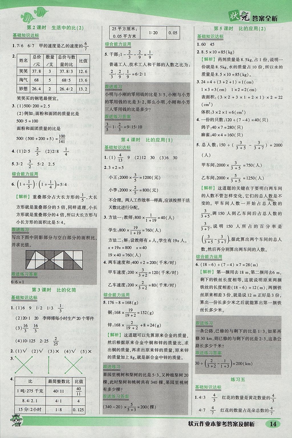 2017年黃岡狀元成才路狀元作業(yè)本六年級(jí)數(shù)學(xué)上冊(cè)北師大版 參考答案第14頁