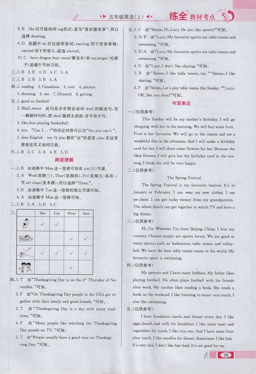 2017年小学教材全练五年级英语上册北京版一起 参考答案第11页