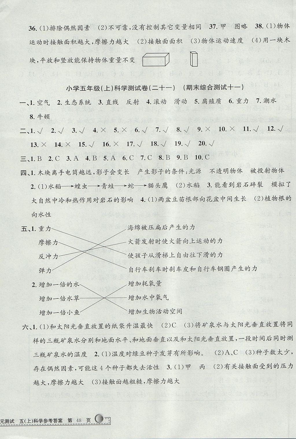 2017年孟建平小學(xué)單元測試五年級科學(xué)上冊教科版 參考答案第12頁