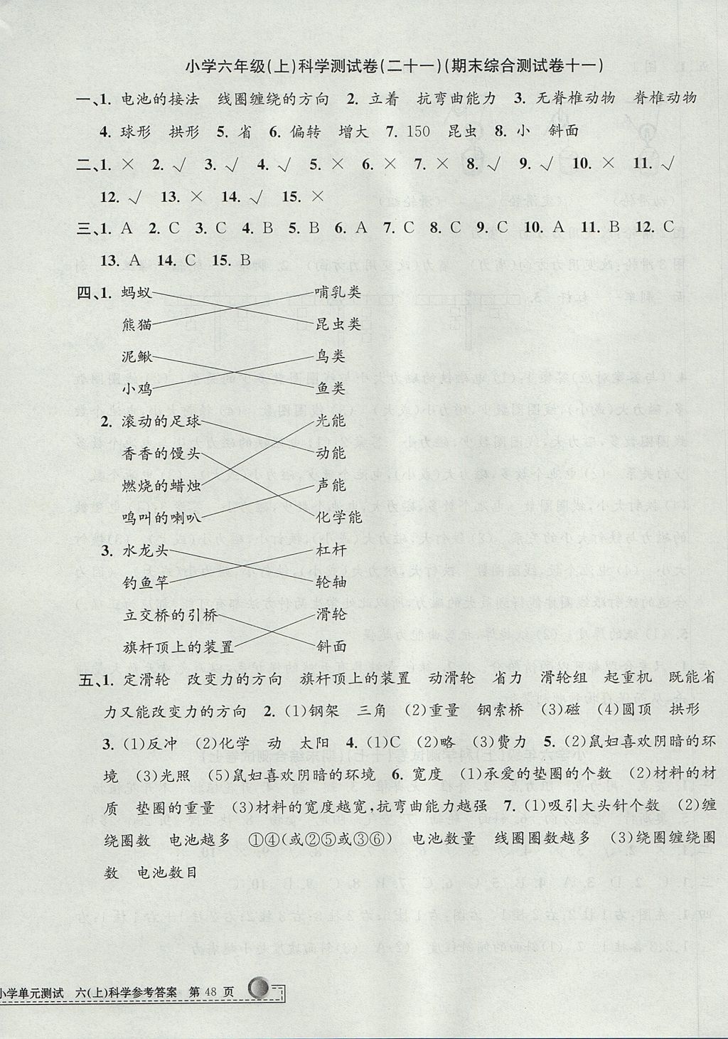 2017年孟建平小學(xué)單元測試六年級科學(xué)上冊教科版 參考答案第12頁