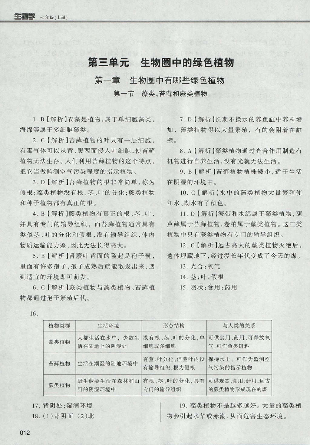 2017年學(xué)習(xí)質(zhì)量監(jiān)測七年級生物學(xué)上冊人教版 參考答案第12頁