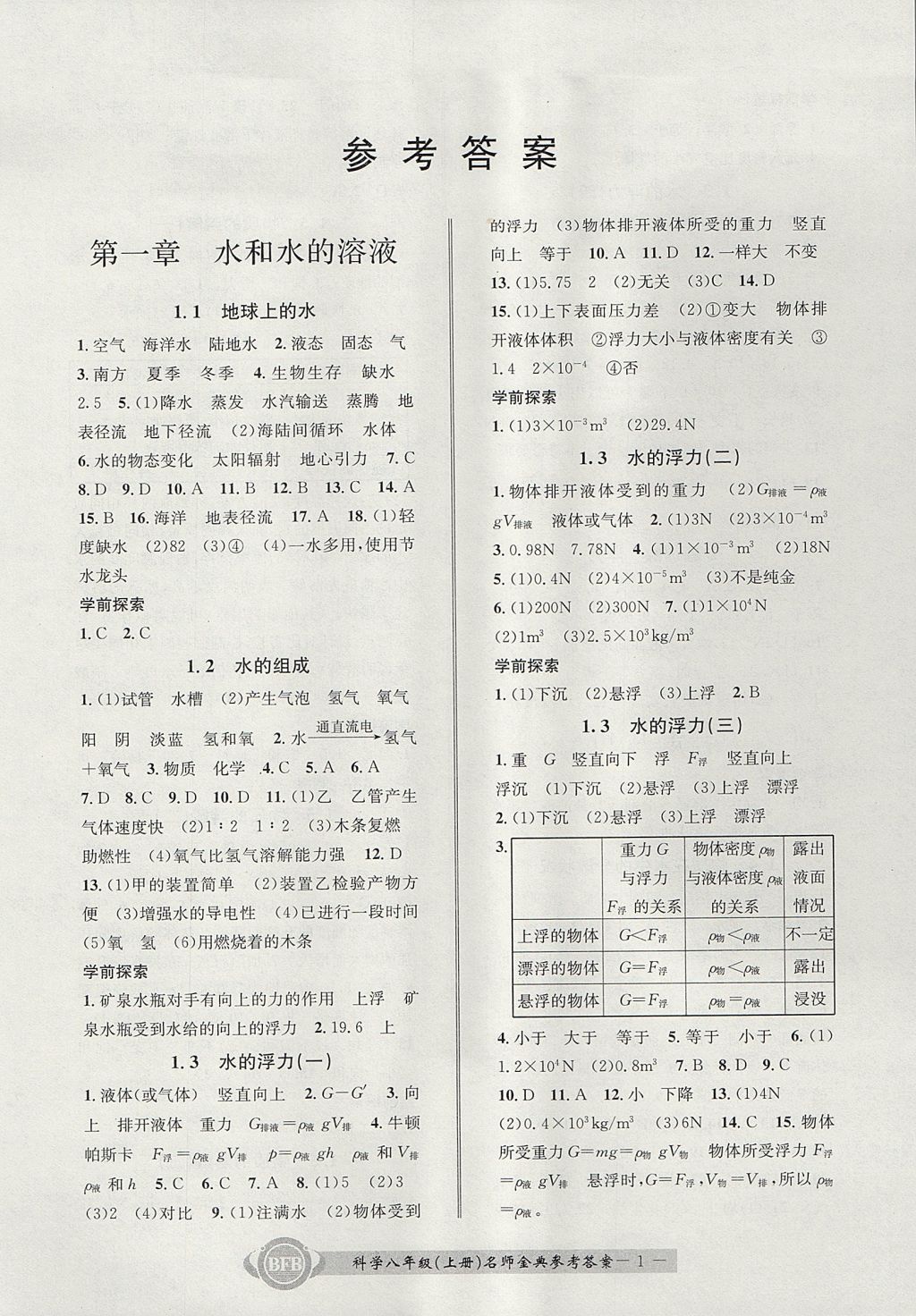 2017年名师金典BFB初中课时优化八年级科学上册理科综合浙教版 参考答案第1页