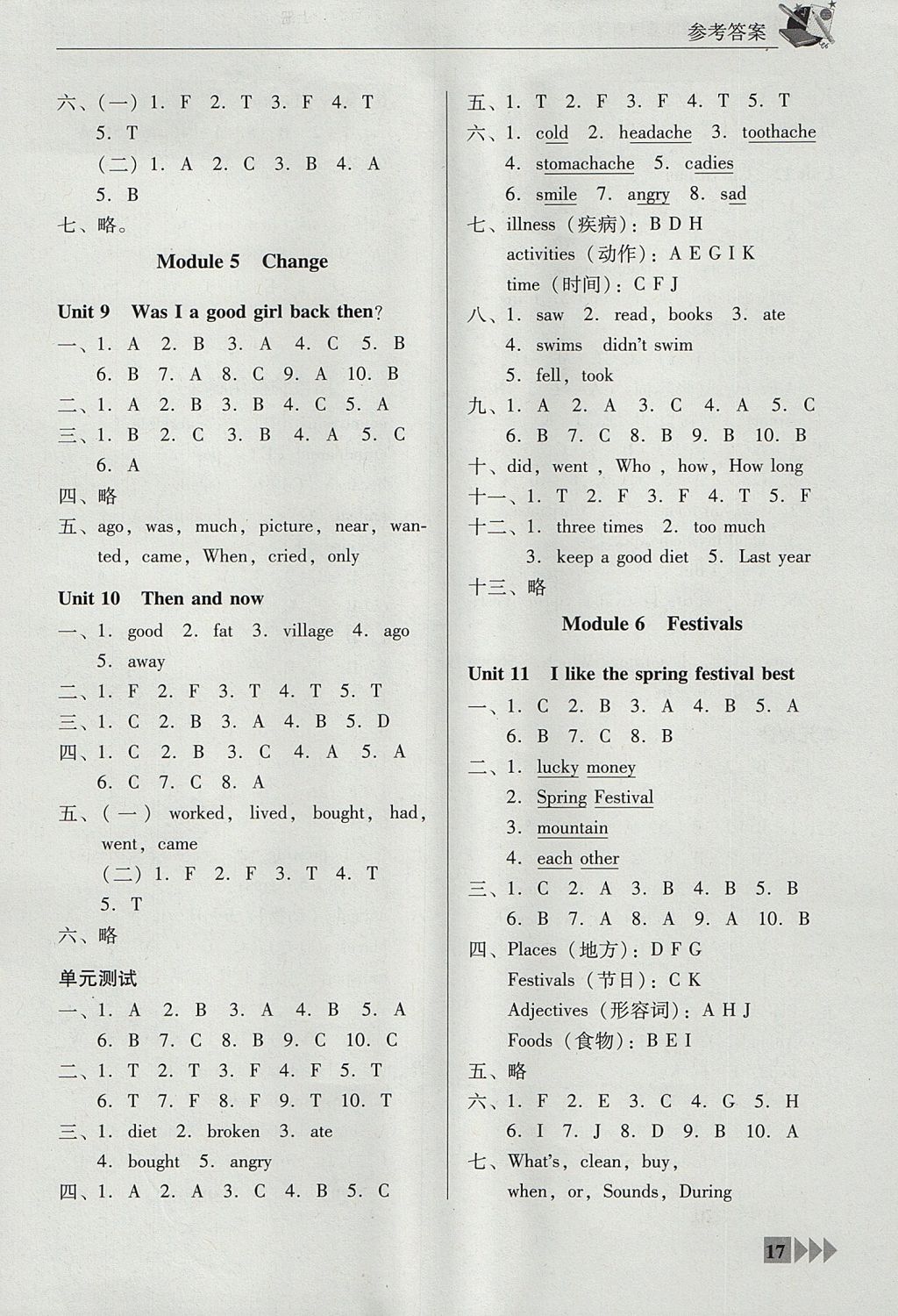 2017年小學(xué)英語雙基同步導(dǎo)航訓(xùn)練六年級上冊廣州版 參考答案第17頁