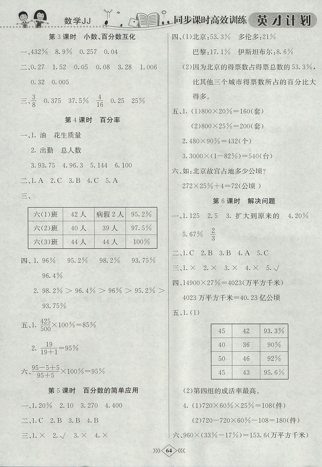 2017年英才計(jì)劃同步課時(shí)高效訓(xùn)練六年級數(shù)學(xué)上冊冀教版 參考答案第4頁