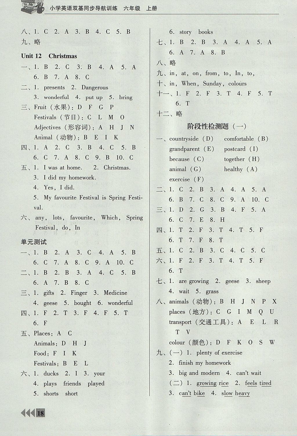 2017年小學(xué)英語雙基同步導(dǎo)航訓(xùn)練六年級上冊廣州版 參考答案第18頁