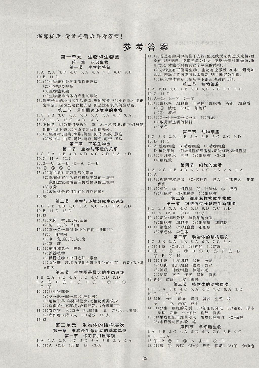 2017年自主訓(xùn)練七年級生物上冊人教版 參考答案第1頁