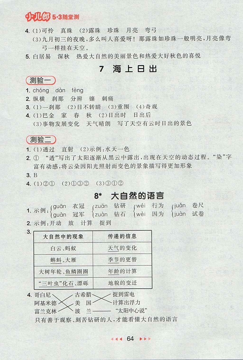 2017年53隨堂測小學(xué)語文五年級上冊語文S版 參考答案第4頁