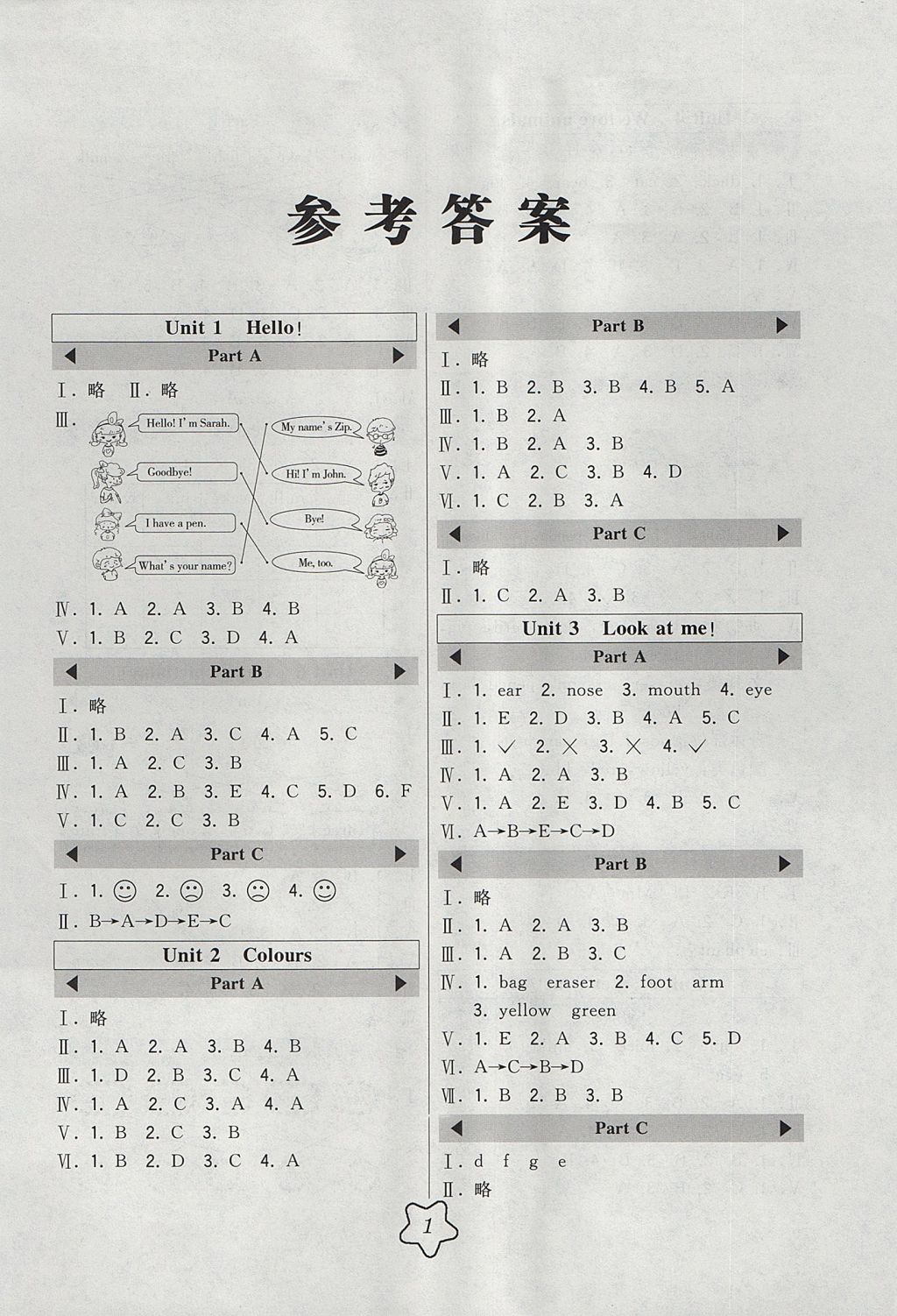 2017年北大绿卡三年级英语上册人教PEP版 参考答案第1页